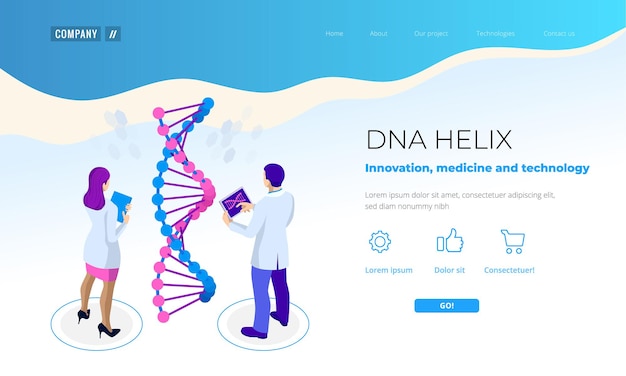 Isometric DNA helix, DNA Analysing concept. Digital blue background. Innovation, medicine, and technology. Web page or lending apge design templates.