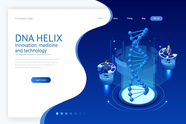 Isometric dna helix, dna analysing concept. digital blue background. innovation, medicine, and technology. web page or lending apge design templates.