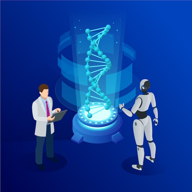 Isometric DNA helix, DNA Analysing concept. Digital blue background. Innovation, medicine, and technology.