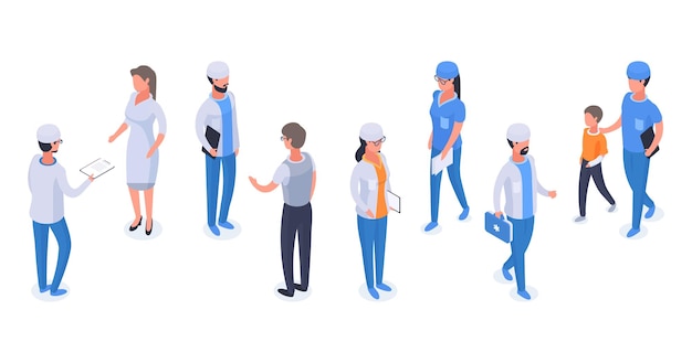 Isometric doctors health care medical workers and patients flat vector illustration set