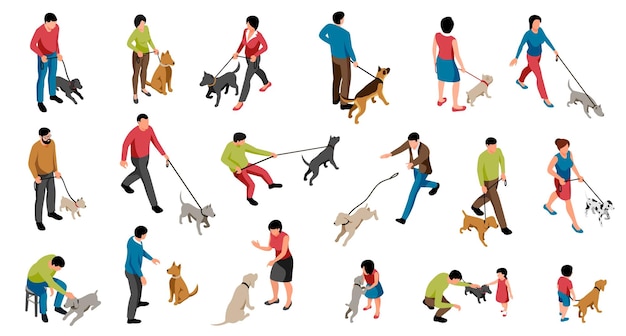 Isometric dog lovers show set with isolated icons of dogs with their masters on blank background vector illustration