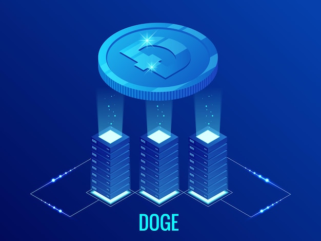 아이소메트릭 Dogecoin DOGE 암호화폐 채굴 농장. 블록체인 기술, 암호화폐 및 금융 거래를 위한 디지털 결제 네트워크. 추상 파란색 배경입니다.