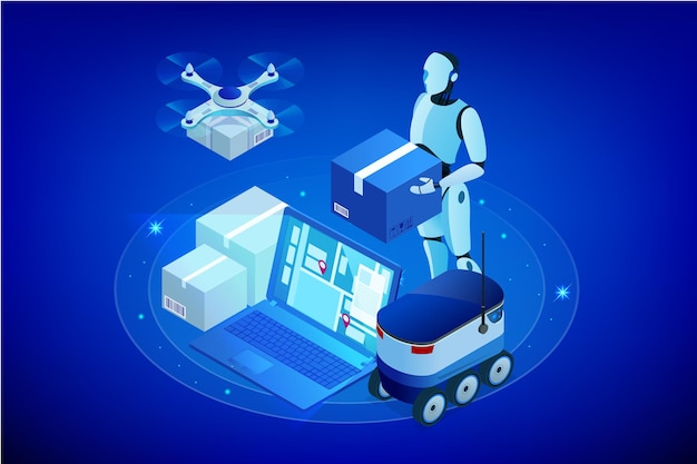 Isometric drone fast delivery of goods in the city. technological shipment innovation concept. autonomous logistics. robot delivery web concept.