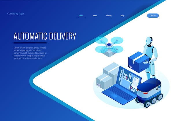 Isometric Drone Fast Delivery of goods in the city. Technological shipment innovation concept. Autonomous logistics. Robot delivery web concept.