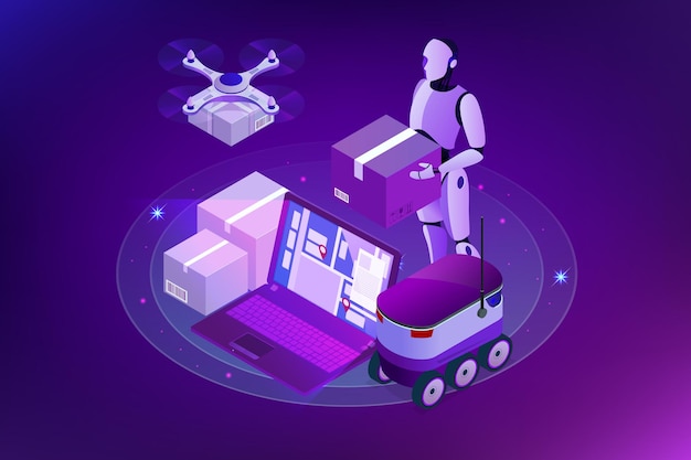 isometric drone fast delivery of goods in the city. technological shipment innovation concept. autonomous logistics. robot delivery web concept.