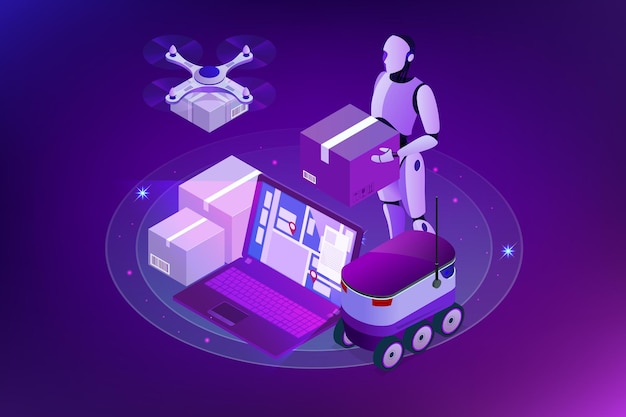 Vector isometric drone fast delivery of goods in the city. technological shipment innovation concept. autonomous logistics. robot delivery web concept.