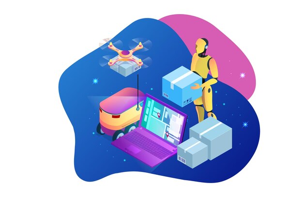 isometric drone fast delivery of goods in the city. technological shipment innovation concept. autonomous logistics. robot delivery web concept.