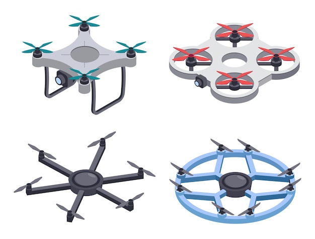 ベクトル 等尺性ドローン監視またはビデオ撮影用のカメラを備えた無人航空機プロペラを備えた飛行リモートクワッドコプター最新の航空輸送輸送自動装置分離ベクトルセット