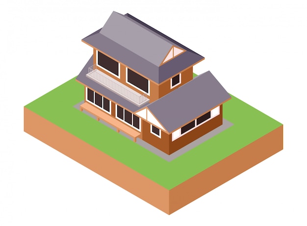 Vector isometric east asian traditional wooden living family house building