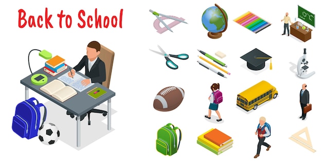 Isometric education icons set. back to school, workplace, school kids and other elements. vector illustration.