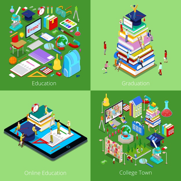 Isometric Educational Concept. Online Education, College Town, Graduation with Cap and Students.   3d flat illustration