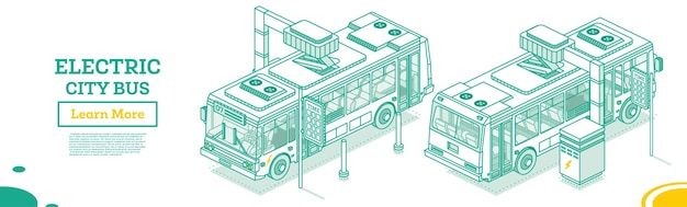 Autobus elettrico isometrico sulla stazione di ricarica