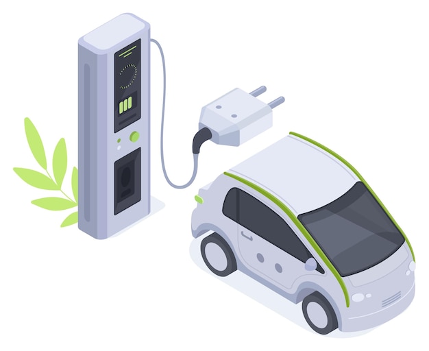 Isometric electric car charging 3d charging station  flat vector illustration on white background