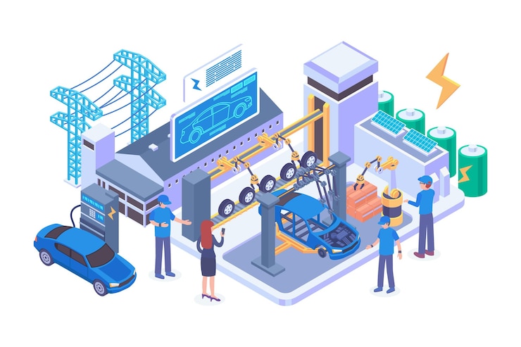 Vector isometric electric car manufacturing vector concept