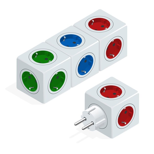 Isometric electric extension cord. cubic electrical outlets sockets. power strip with electrical sockets universal standard.