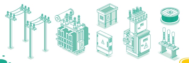 Набор изометрических электрических трансформаторов Очертания энергетических объектов Высоковольтная подстанция, изолированная на белом