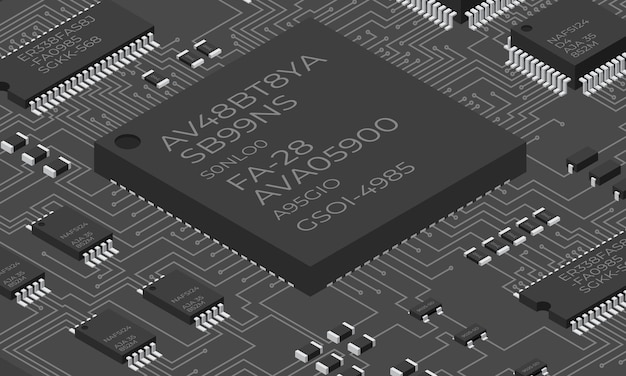 Isometric electronic board Isometric printed circuit board with electronic components Electronic components and integrated circuit board