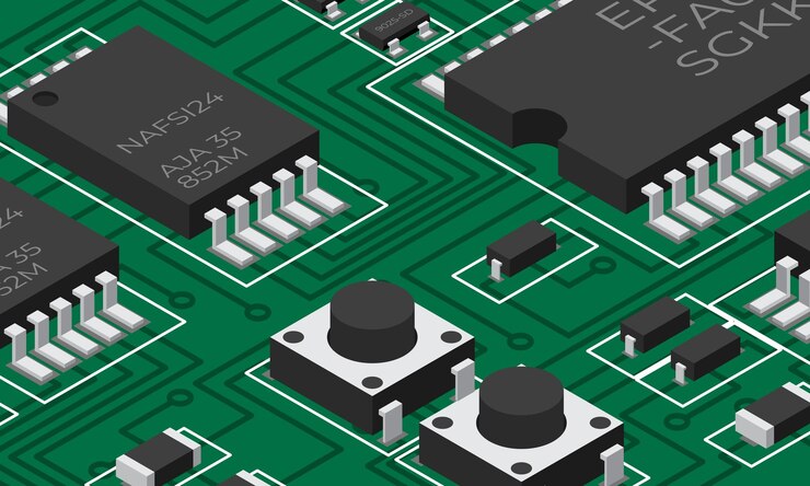 Vector isometric electronic board isometric printed circuit board with electronic components electronic components and integrated circuit board