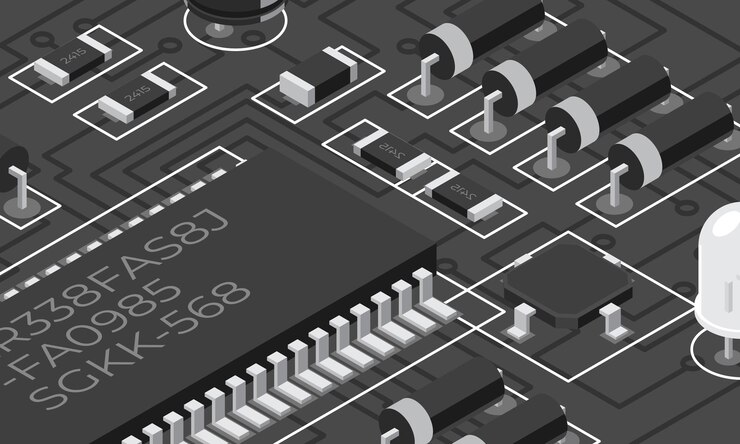 Vector isometric electronic board isometric printed circuit board with electronic components electronic components and integrated circuit board