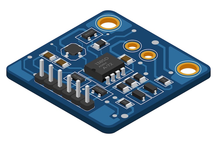 Vector isometric electronic board isometric printed circuit board with electronic components electronic components and integrated circuit board