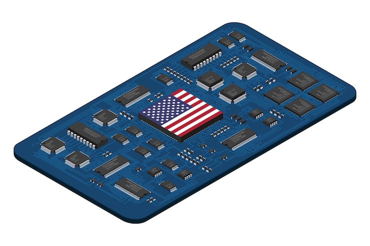 Vector isometric electronic board with usa flag isometric printed circuit board with electronic components electronic components and integrated circuit board