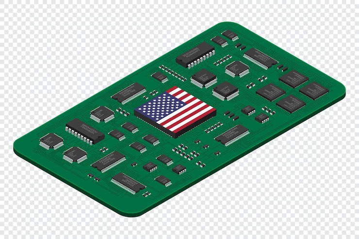 Vector isometric electronic board with usa flag isometric printed circuit board with electronic components electronic components and integrated circuit board