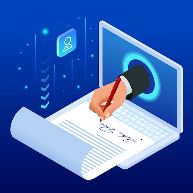 Vector isometric electronic signature concept electronic document digital form attached to electronically transmitted document verification of intent to sign agreement and legal deal