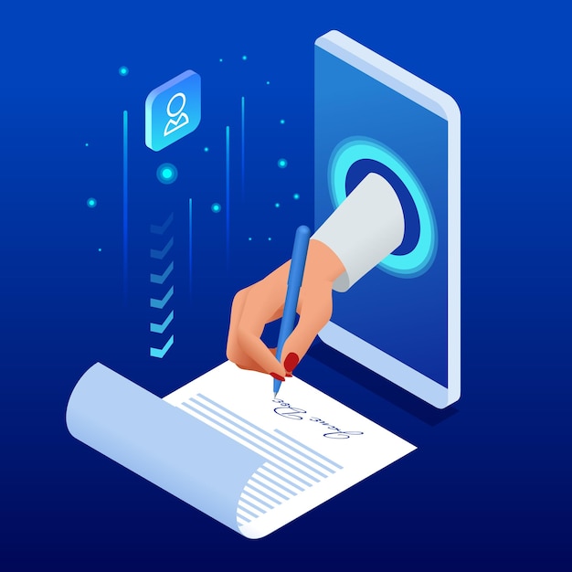 isometric electronic signature concept electronic document digital form attached to electronically transmitted document verification of intent to sign agreement and legal deal