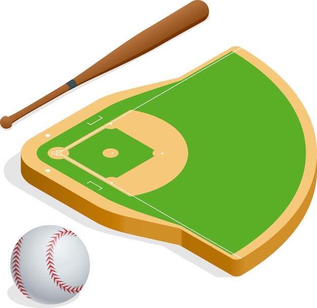 Isometric elements baseball set. baseball fields, leather ball\
and wooden bats. vector illustration