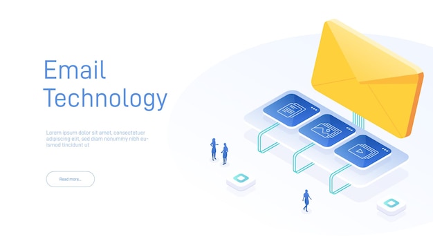 Isometric Email services concept Data analysis checking email Computer monitor