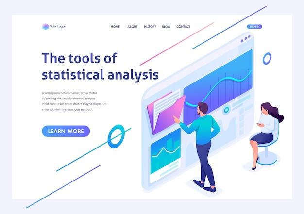 Imprenditori isometrici che testano strumenti di analisi statistica su un tablet template landing page