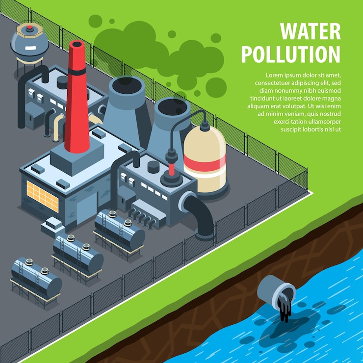 Vector isometric environmental pollution background with text and view of toxic factory dropping waste water into river