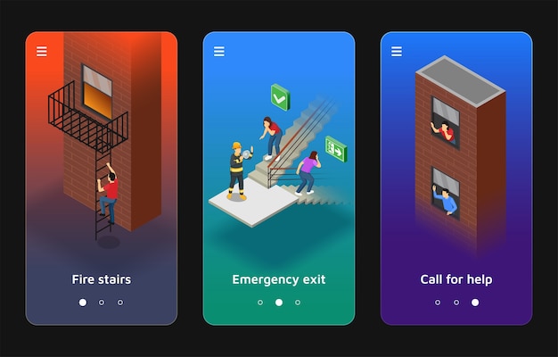Vettore collezione di set di modelli di progettazione di app di evacuazione isometrica