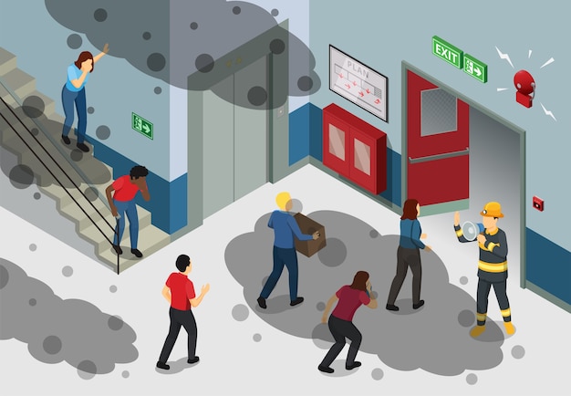 Vector isometric evacuation illustration with an emergency scene