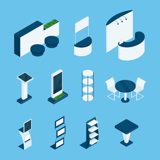Isometric exhibition stands Empty expo booth display kiosk and table stall for demo product showroom