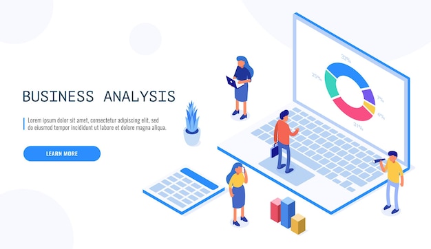 Isometric expert team for data analysis, business statistic, management, consulting, marketing. landing page template concept.