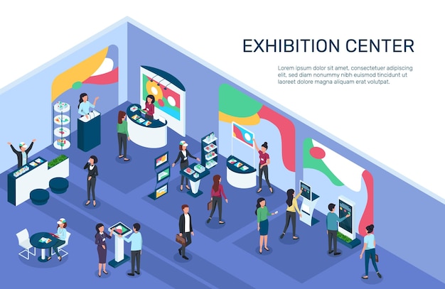 Vector isometric expo exhibition with people exhibit displays stands booths marketing products promotion