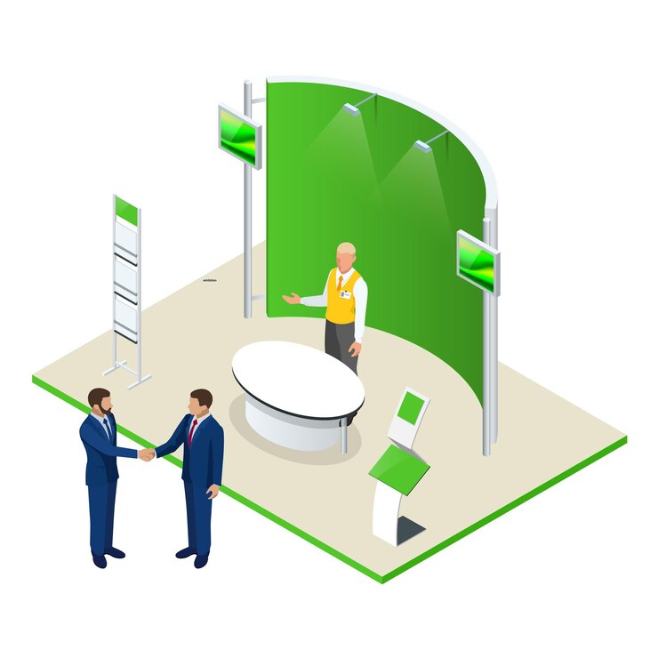 Vector isometric expo stands exhibition demonstration stand concept exposition booth blank mockup