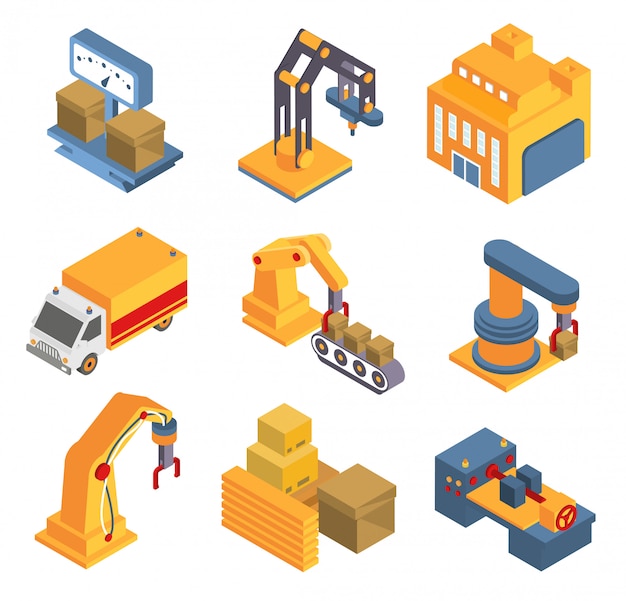 Vector isometric factory flowchart with robotic machinery symbols