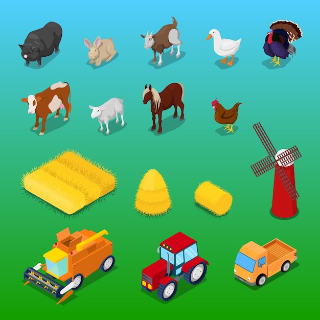 Animali da fattoria isometrici e trasporto agricolo. vector 3d illustrazione piatta