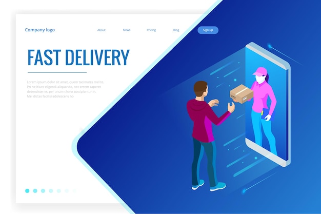 Isometric Fast Delivery Service, Online Delivery, Online Shopping, Finance Instrument web banner concept. Modern vector illustration foe website or lending.