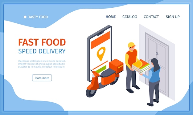 Вектор Изометрический шаблон целевой страницы быстрого питания с сотрудником, доставляющим заказ