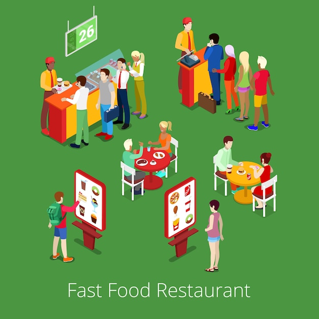 Isometric fast food restaurant interior with self-service terminal.