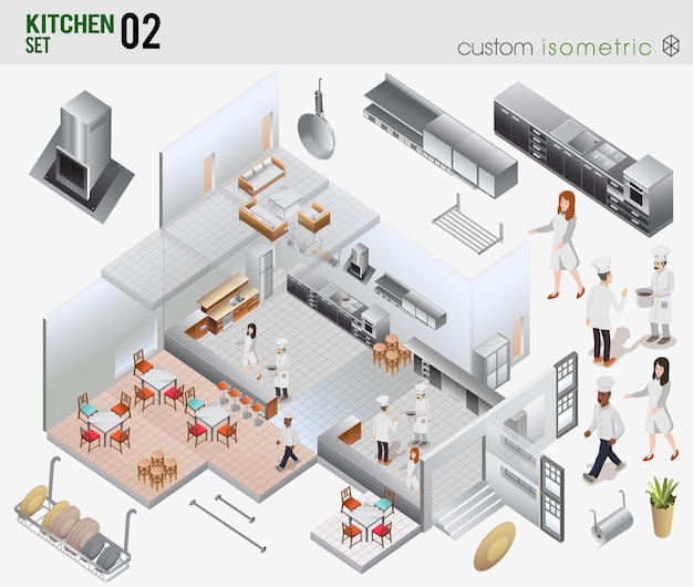 Vector isometric fastfood restaurant interior custom design