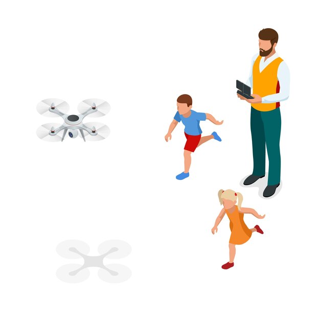 Vettore il padre isometrico con i bambini lancia un drone attività ricreative all'aperto tempo libero per la famiglia regalo di compleanno