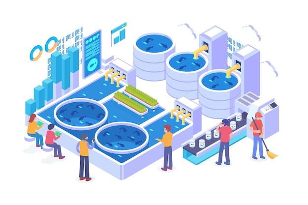 Isometric fish farm technology vector concept