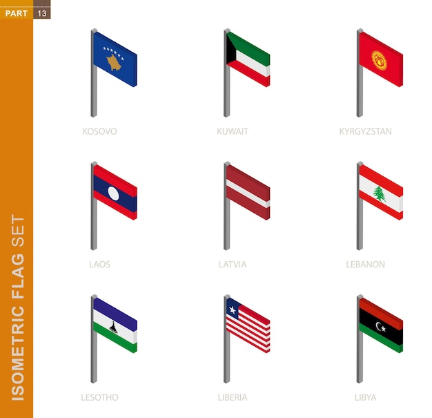 アイソメトリックフラグセット、アイソメトリック寸法のフラグポール。 9つの3dベクトルフラグのコレクション。