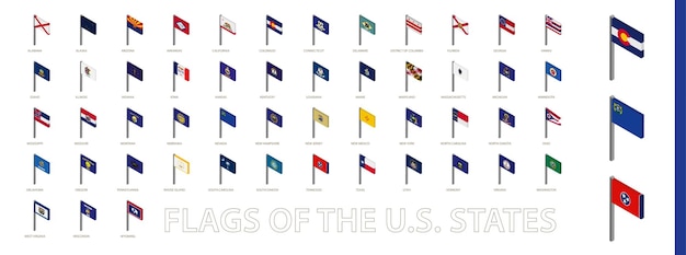 Изометрические флаги штатов сша, отсортированные по алфавиту коллекция 3d флагов