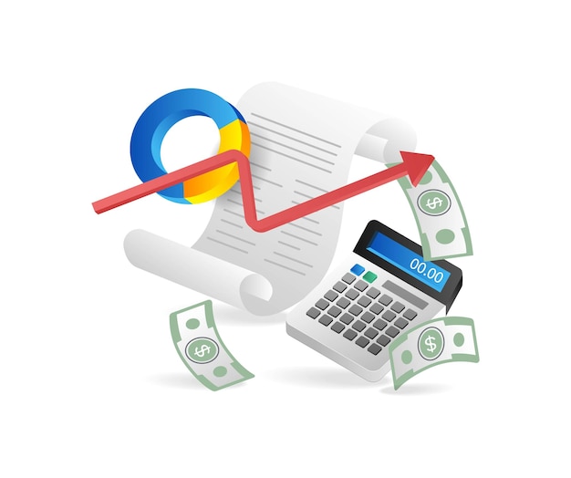 Isometric flat 3d illustration concept of agreement letter calculating business income money