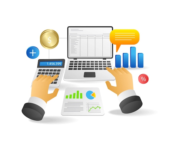 Isometric flat 3d illustration concept of calculating online sales revenue